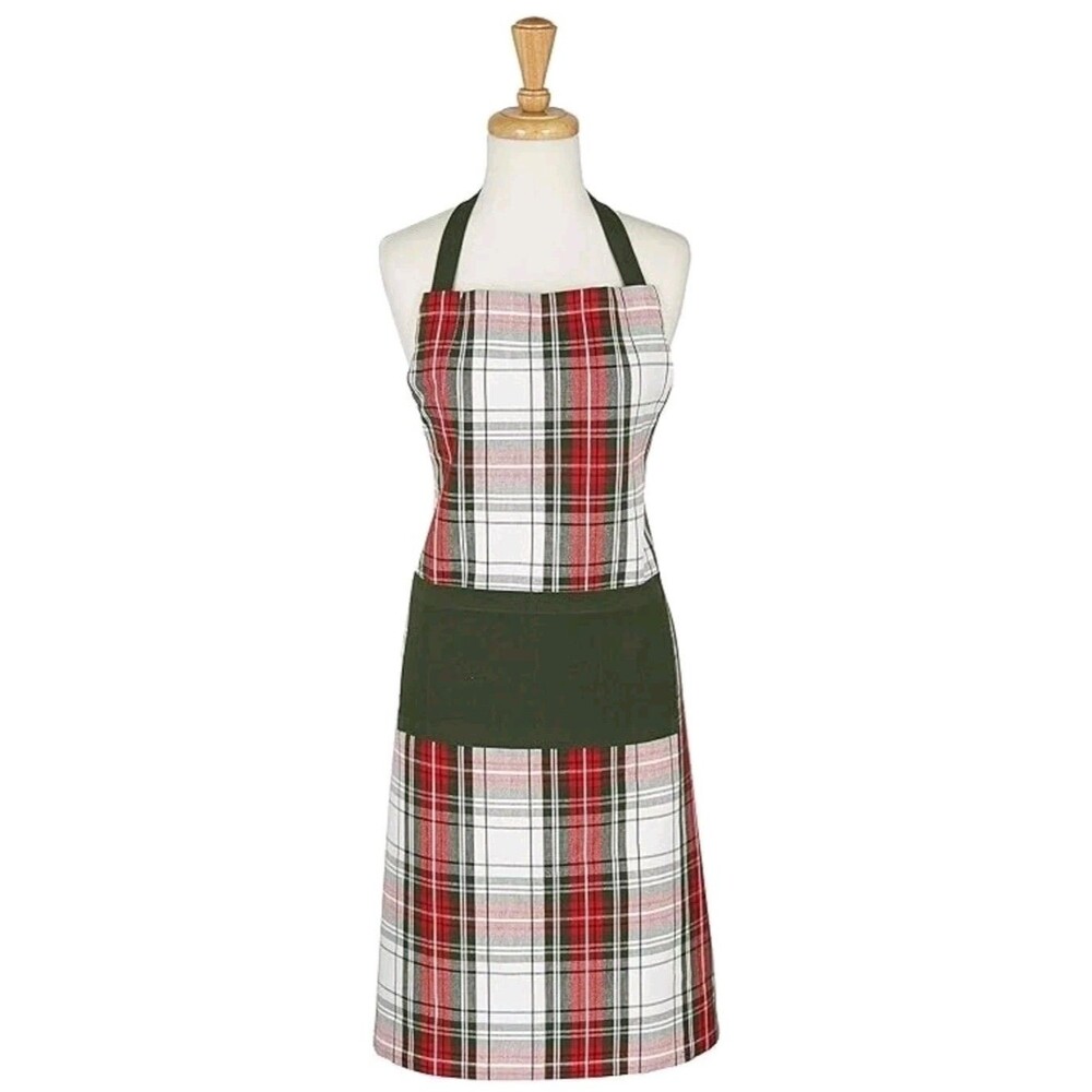DII Christmas Plaid Holiday Cooking Apron Adjustable Straps Pockets Red Green